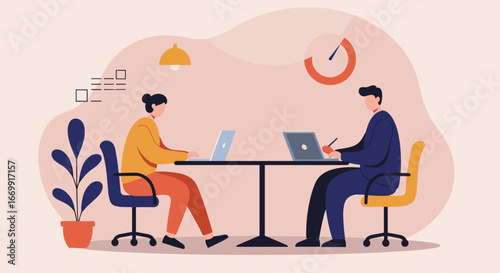 Two diverse professionals working collaboratively on laptops at a shared office desk, symbolizing teamwork, productivity, and modern business operations.