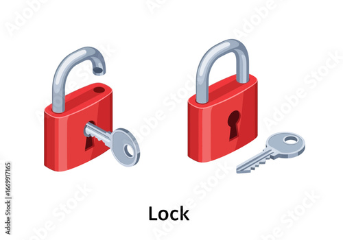 Two illustrations depict a red padlock, one locked with a key beside it, and the other unlocked with a key inserted.