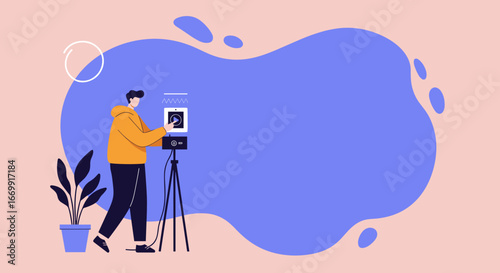 Young man setting up a tablet on a tripod for video recording or live streaming, symbolizing online content creation, digital communication, and modern lifestyle.