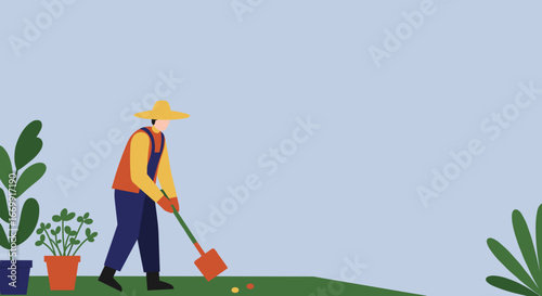 Person in a hat and overalls gardening with a shovel. This flat illustration depicts planting or farming, symbolizing growth, hobby, and sustainable living.