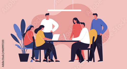 Diverse team collaborating in a modern office, engaged in a business meeting. Illustrates teamwork, innovation, and professional communication for corporate projects.
