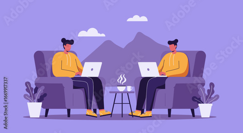 Two people working on laptops from comfortable armchairs, showcasing remote work, digital lifestyle, and online collaboration in a relaxed setting.