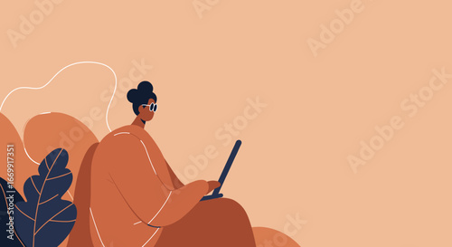 Modern illustration of a stylish person working remotely on a laptop in a relaxed, abstract setting. Represents digital nomad, online work, and lifestyle.