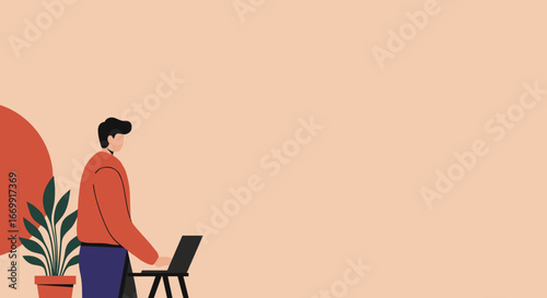 Minimalist illustration of a man standing, focused on his laptop, ideal for remote work, business, or modern lifestyle concepts.