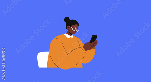 Modern Black woman engrossed in her smartphone. Ideal for concepts of digital communication, mobile technology, social media, or remote work.