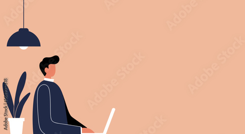 Stylish illustration of a man working on a laptop in a modern office or home setting, representing remote work, productivity, and digital lifestyle.