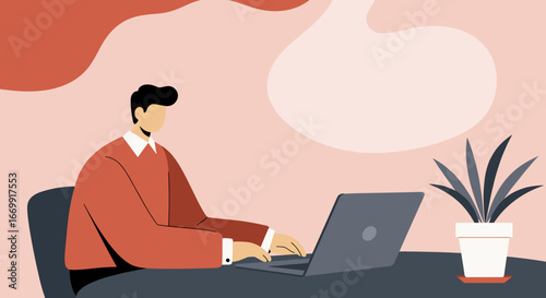 Man working on a laptop at a modern desk with a plant. Ideal for themes of remote work, online learning, or digital communication.