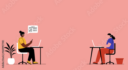 Two women working remotely with laptops and a smartphone, highlighting digital communication and productivity in a modern business or home office setting.