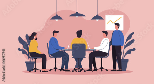 Diverse business team collaborates in a modern office meeting, discussing strategy and growth. Ideal for corporate productivity, teamwork, and data analysis.