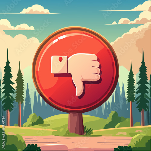 Red round dislike button with thumb down vector