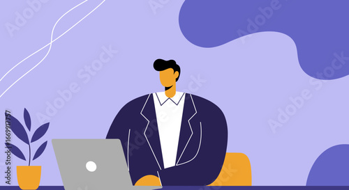 Professional man working diligently on a laptop at his desk, representing productivity, remote work, and modern business lifestyle. Ideal for technology and corporate concepts.