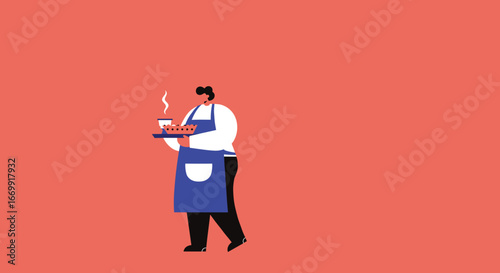 Server in a blue apron carries a tray with a steaming cup and baked goods, representing catering, cafe service, and hospitality.