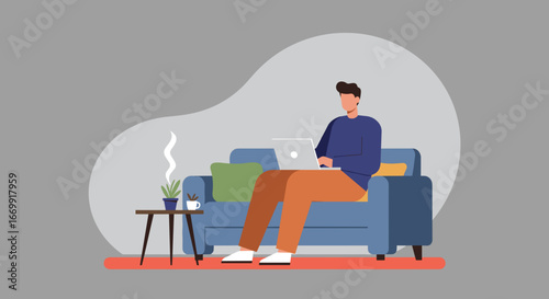 Man working comfortably on his laptop from home, illustrating modern remote work, freelance, and flexible lifestyle concepts.