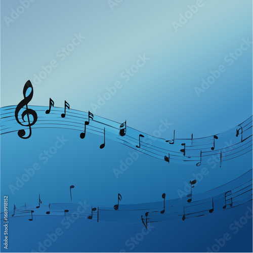 Old grunge blue music background with black notes