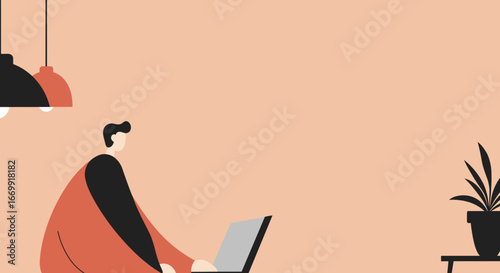 Stylized illustration of a person working remotely on a laptop in a minimalist home office setting, representing productivity and modern work-life balance.