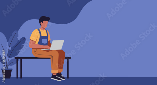 Young person focused on laptop, working remotely or studying online in a modern, creative space. Ideal for technology, business, or education concepts.