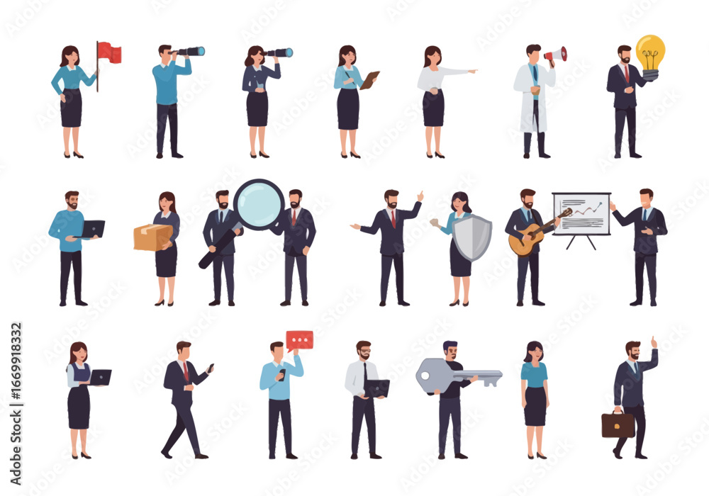 A collection of diverse cartoon business people in various poses, holding items like flags, telescopes, laptops, lightbulbs, and magnifying glasses.