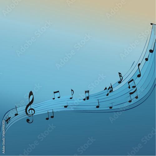 Old grunge blue music background with black notes