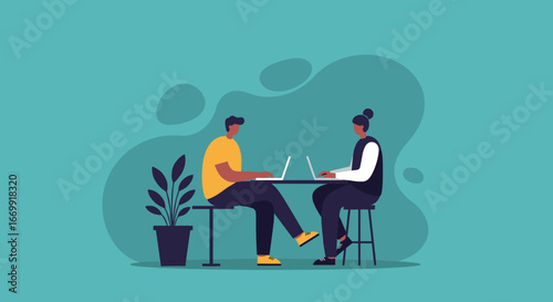 Two professionals focused on laptops at a table, representing modern remote work, co-working, and collaborative productivity in a stylized, contemporary setting.