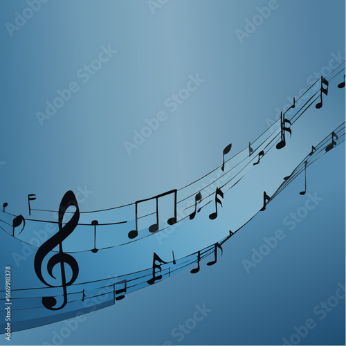 Old grunge blue music background with black notes