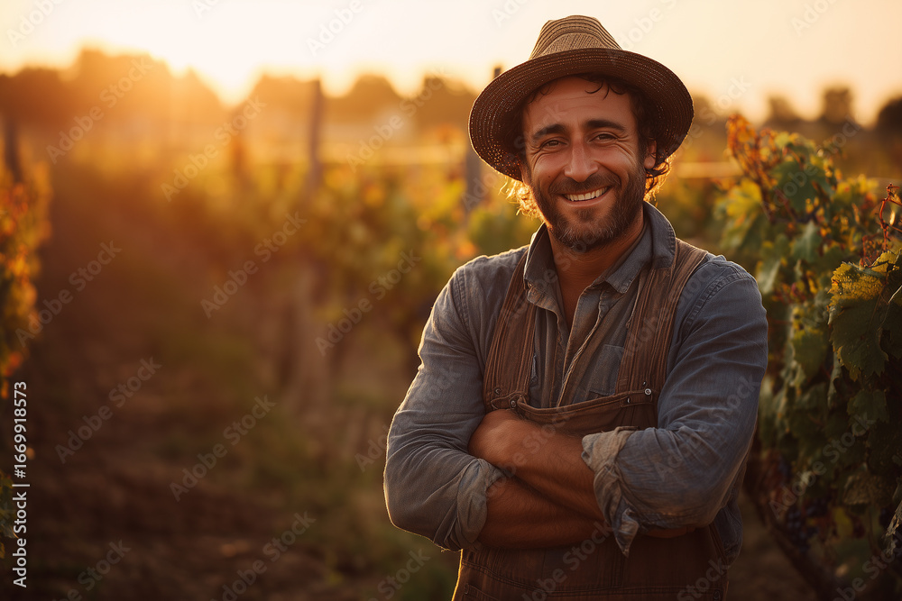 Obraz premium Smiling male farmer standing confidently in vineyard during golden hour sunset with arms crossed
