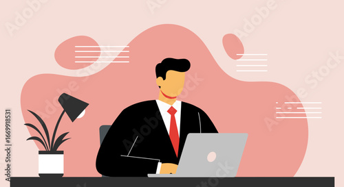 Businessman working diligently on his laptop at a modern desk, embodying productivity and professional success. Ideal for business, remote work, or corporate concepts.