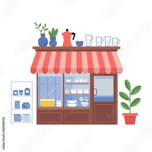 Adorable Shopfront with Plants and Pottery Displayed Sweet Storefront Illustration Modern Design Aesthetic Featuring Ceramics and Foliage Shop Building
