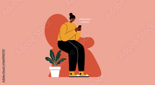 Modern illustration of a person relaxing and engaging with a smartphone. Represents digital communication, online connectivity, and contemporary lifestyle.