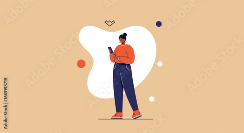 Modern woman standing and engaging with her smartphone, representing digital communication, social networking, and mobile technology in everyday life.