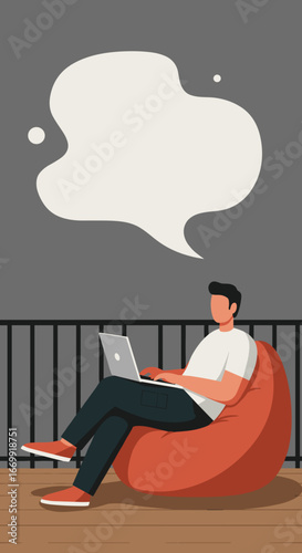 Man works comfortably on a laptop from a modern balcony, symbolizing remote work, digital communication, and creative ideas for business and lifestyle.