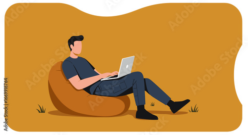 Casual man works remotely on a laptop, relaxing on a bean bag outdoors. Represents freelance, flexible work, and modern digital lifestyle.