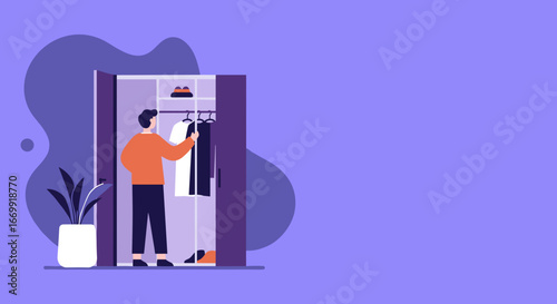 Man choosing clothes from an open wardrobe in a modern room. Illustrates daily routine, personal style, and getting ready.