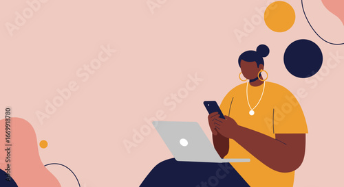 Diverse woman multitasking with smartphone and laptop. Represents remote work, online learning, technology, communication, and modern lifestyle concepts.