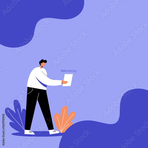 Illustrated man using a tablet for online volunteering. Concept of community service, charity, social responsibility, and digital outreach.