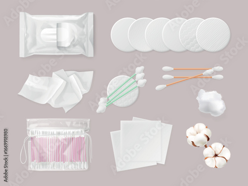 Realistic cotton wool. Hygiene makeup cosmetics skin care products, wet napkin pad disk stack ear swab packaging plastic container, beauty cosmetology 3d exact vector illustration
