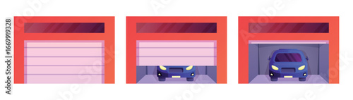 Garage opening door. Roller shutter animation, full half open automatic gate car inside shop or warehouse home auto storage roll door entrance stages cartoon vector illustration