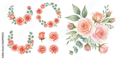 Elegant watercolor pink roses and greenery arrangement for festive occasions and design projects