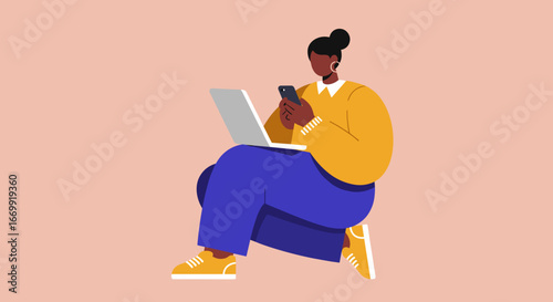 Modern woman multitasking with a laptop and smartphone, representing digital connectivity, remote work, online learning, and a contemporary lifestyle.