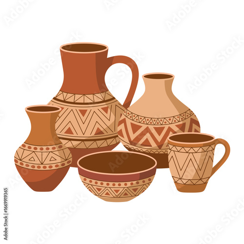 Collection of Decorative Clay Pottery with Geometric Patterns Isolated on White Background for Creative Designs and Artistic Projects