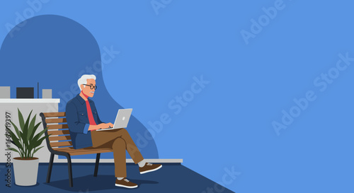 Senior man focused on his laptop, working or connecting online in a modern casual setting. Represents digital literacy and active retirement lifestyle.