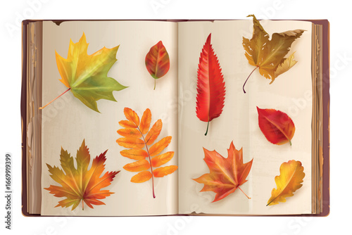 Herbarium. Realistic book with autumn leaves on old pages, dry orange leaf fall foliage applique nature collection 3d vector illustration