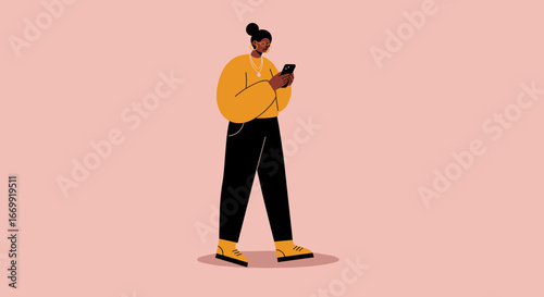 Modern woman engaging with a smartphone, representing digital communication, social media, and technology use in daily life. Perfect for lifestyle and business contexts.
