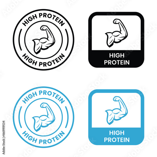 high protein food label emblem flat color vector illustration template design. high protein sign, logo, badge, icon, sticker, label, emblem, stamp, symbol, black, line, flat vector.