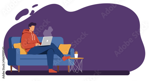 Relaxed man working or studying remotely from his sofa with a laptop and hot drink. Ideal for concepts of home office, online education, or leisure.