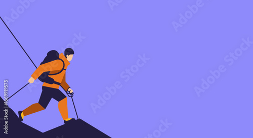 Determined person with backpack and trekking poles ascends a mountain, symbolizing adventure, challenge, and achieving goals. Ideal for travel, lifestyle, or business concepts.