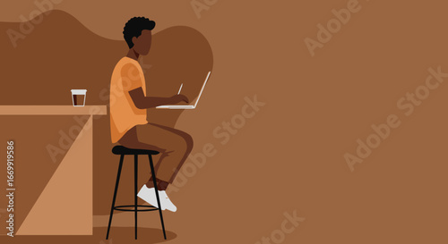 African American man working on laptop with stylus at a bar counter in a modern cafe. Ideal for remote work, business, technology, or lifestyle concepts.