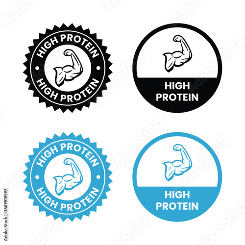 high protein food label emblem flat color vector illustration template design. high protein sign, logo, badge, icon, sticker, label, emblem, stamp, symbol, black, line, flat vector.