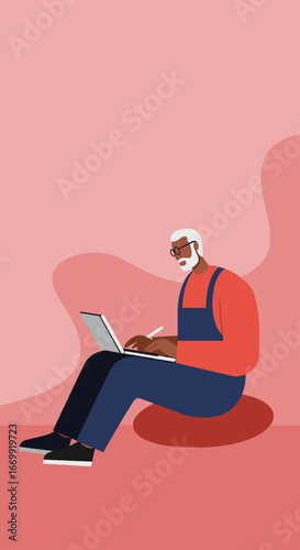 Senior African American man with glasses using a laptop and stylus while sitting casually, representing remote work and modern lifestyle.