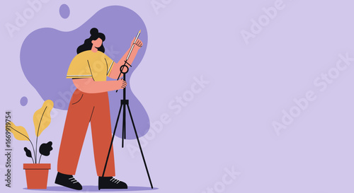 Creative woman using a unique large pencil and tripod for design, art, or illustration. Represents innovation, focus, and professional artistic work.