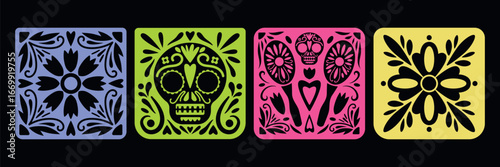 Colorful Mexican Papel Picado Vector Illustration Set. Vibrant Mexican papel picado designs in four colors: blue, green, pink, and yellow. 